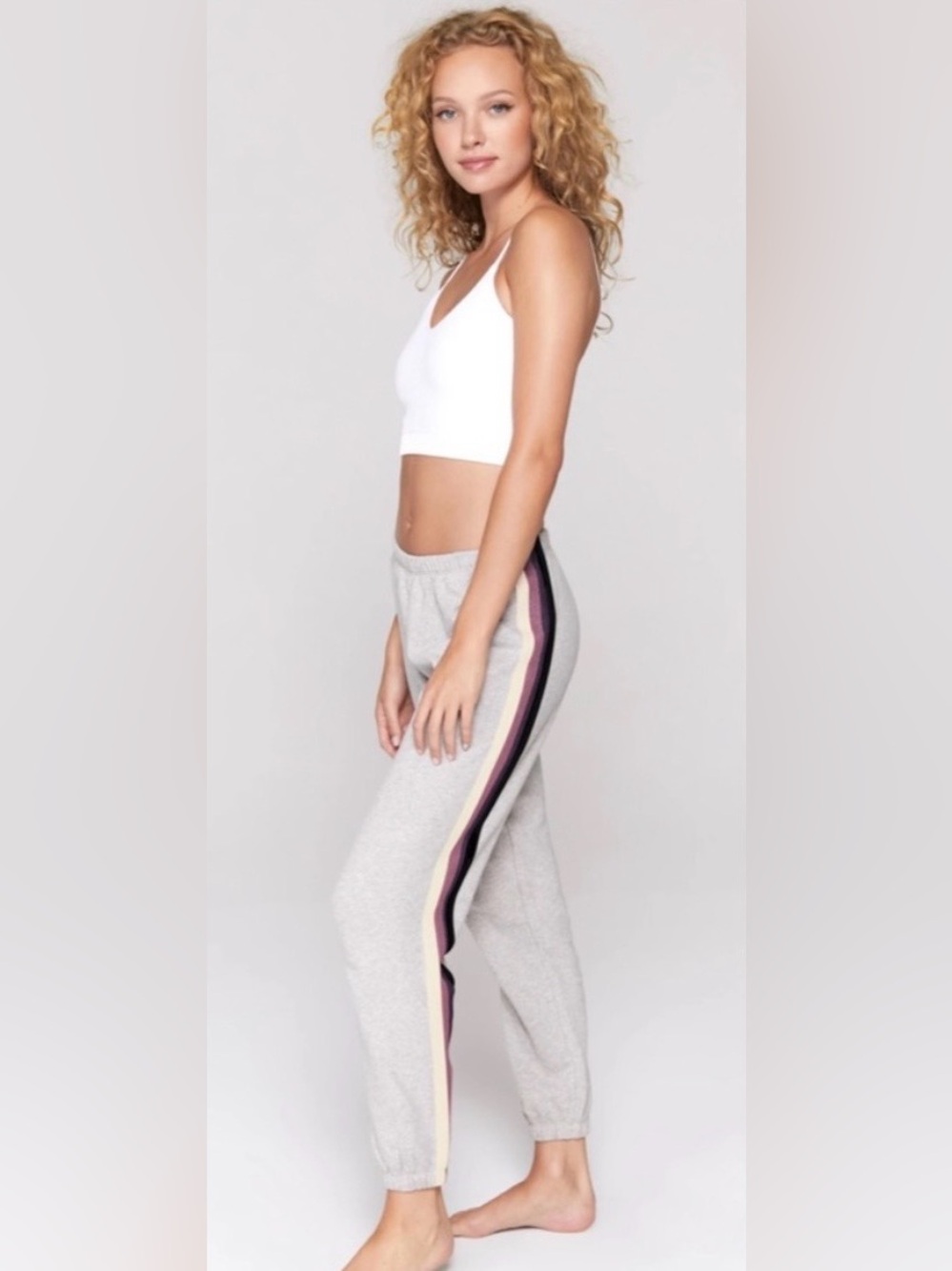 Spiritual Gangster Striped Perfect Sweatpants, Heather Gray, Medium